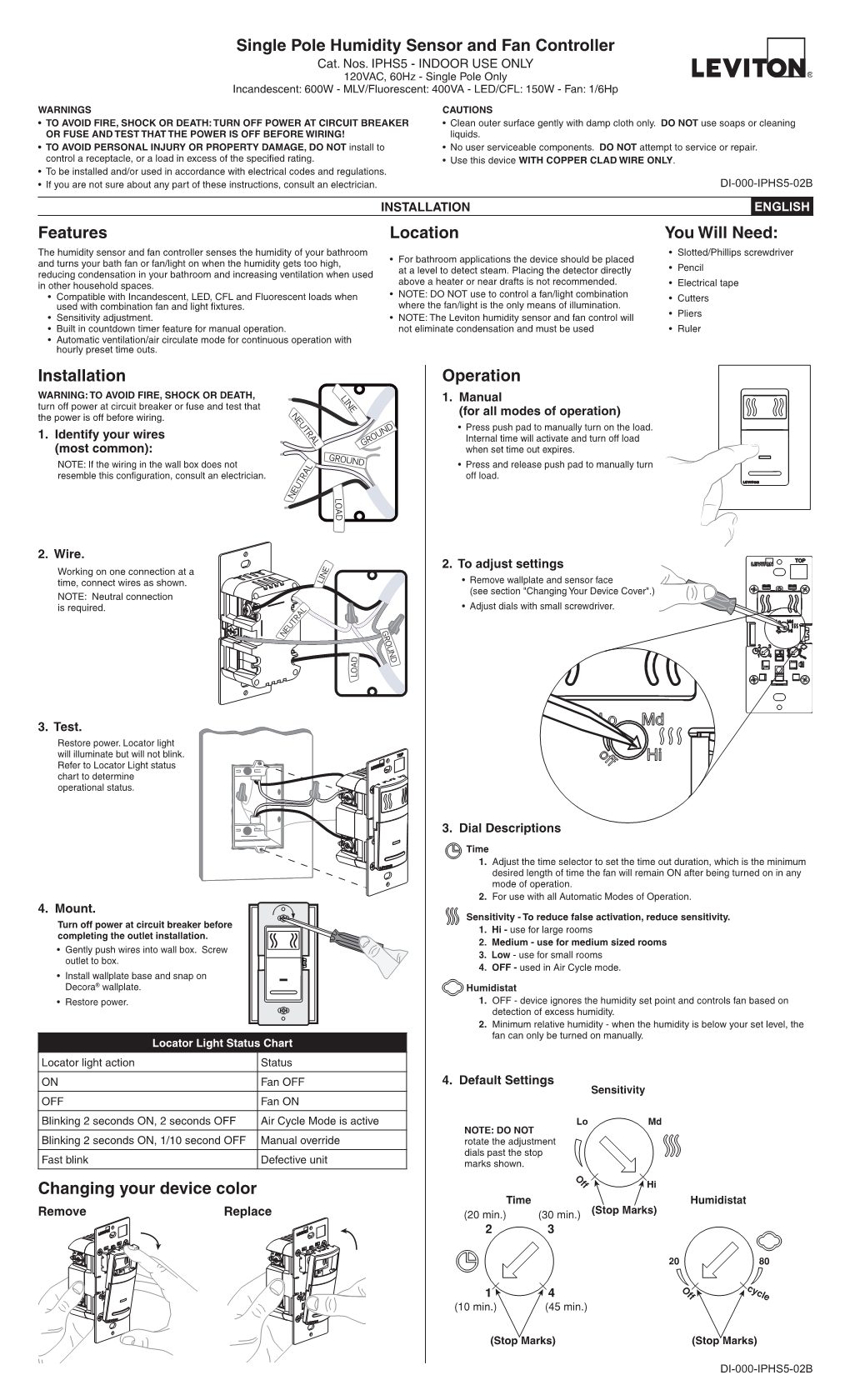 Single Pole Humidity Sensor and Fan Controller Cat