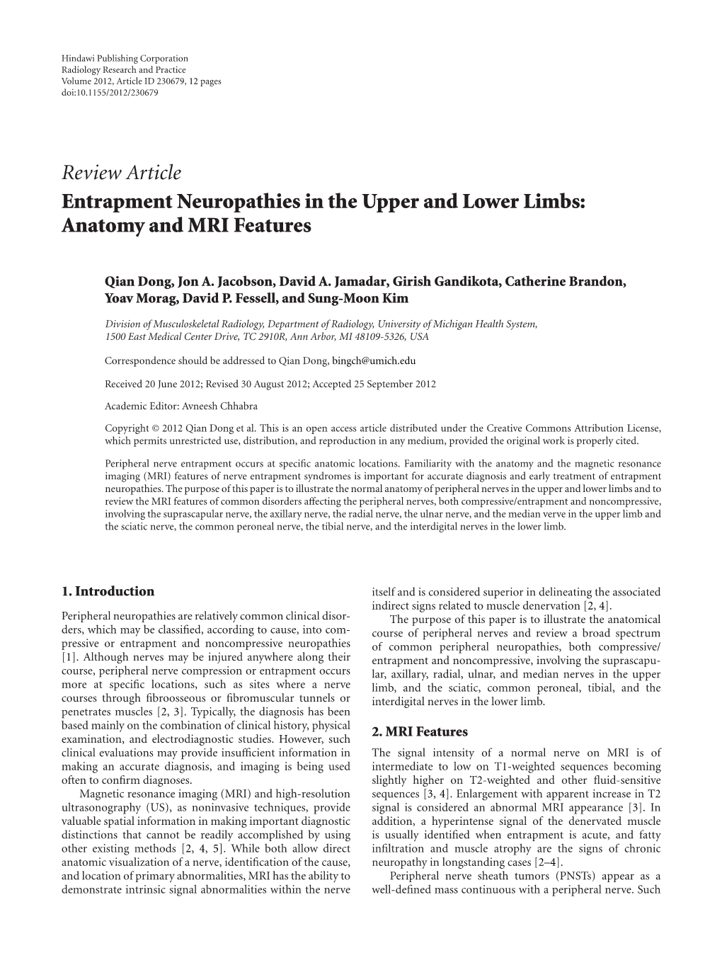 Review Article Entrapment Neuropathies in the Upper and Lower Limbs: Anatomy and MRI Features