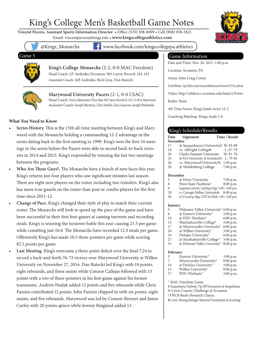 King's College Men's Basketball Game Notes