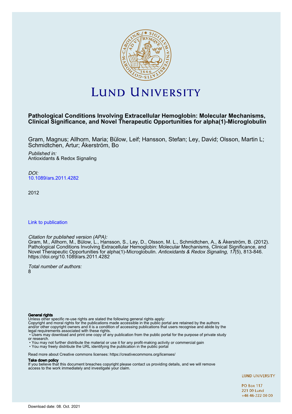 Pathological Conditions Involving Extracellular Hemoglobin