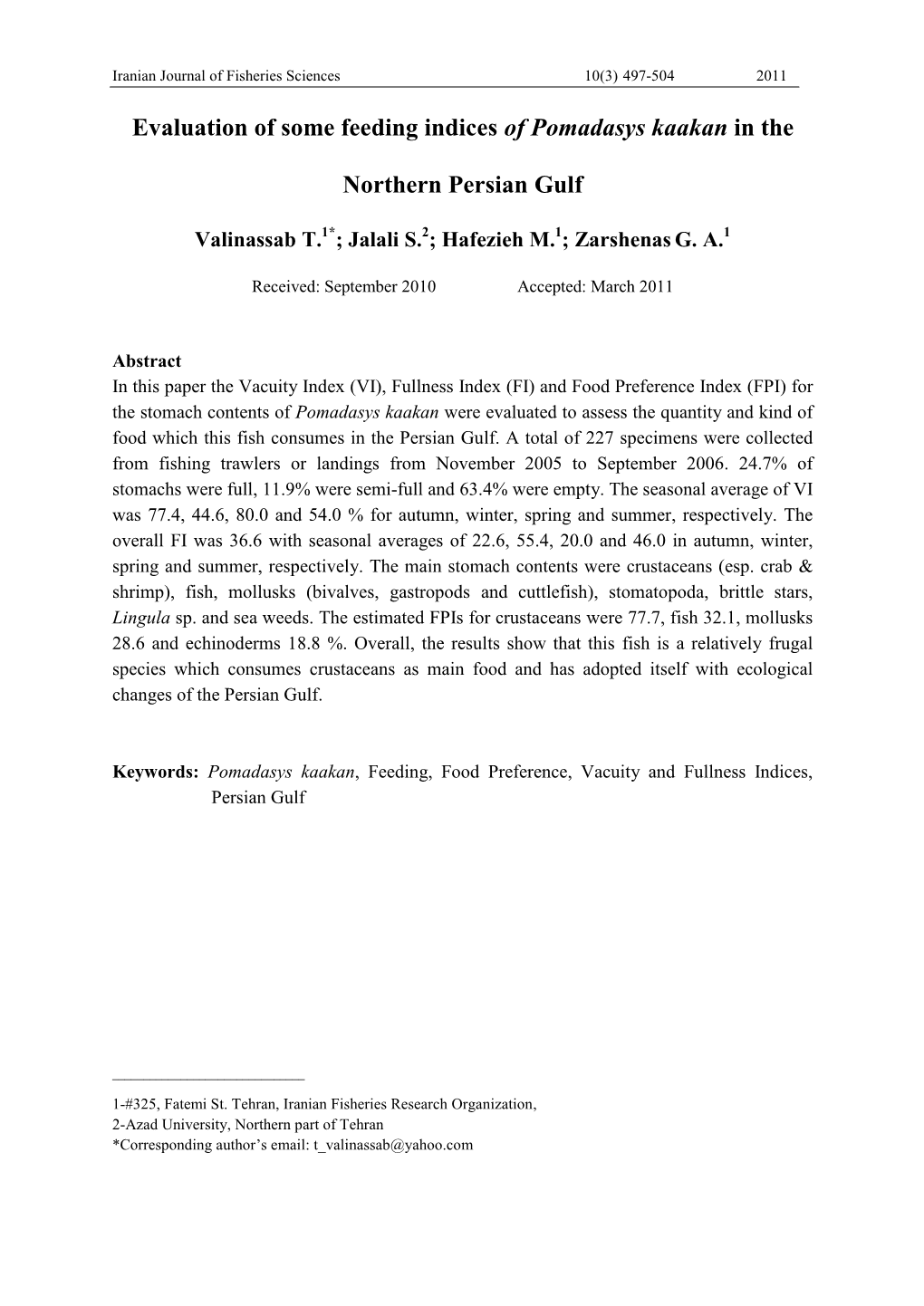 Evaluation of Some Feeding Indices Pomadasys Kaakan's Living in Hurmozgan Provice Waters