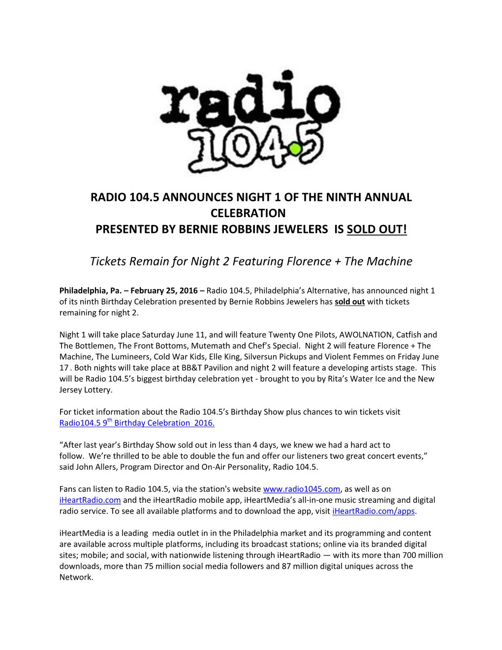 Radio 104.5 Announces Night 1 of the Ninth Annual Celebration Presented by Bernie Robbins Jewelers Is Sold Out!