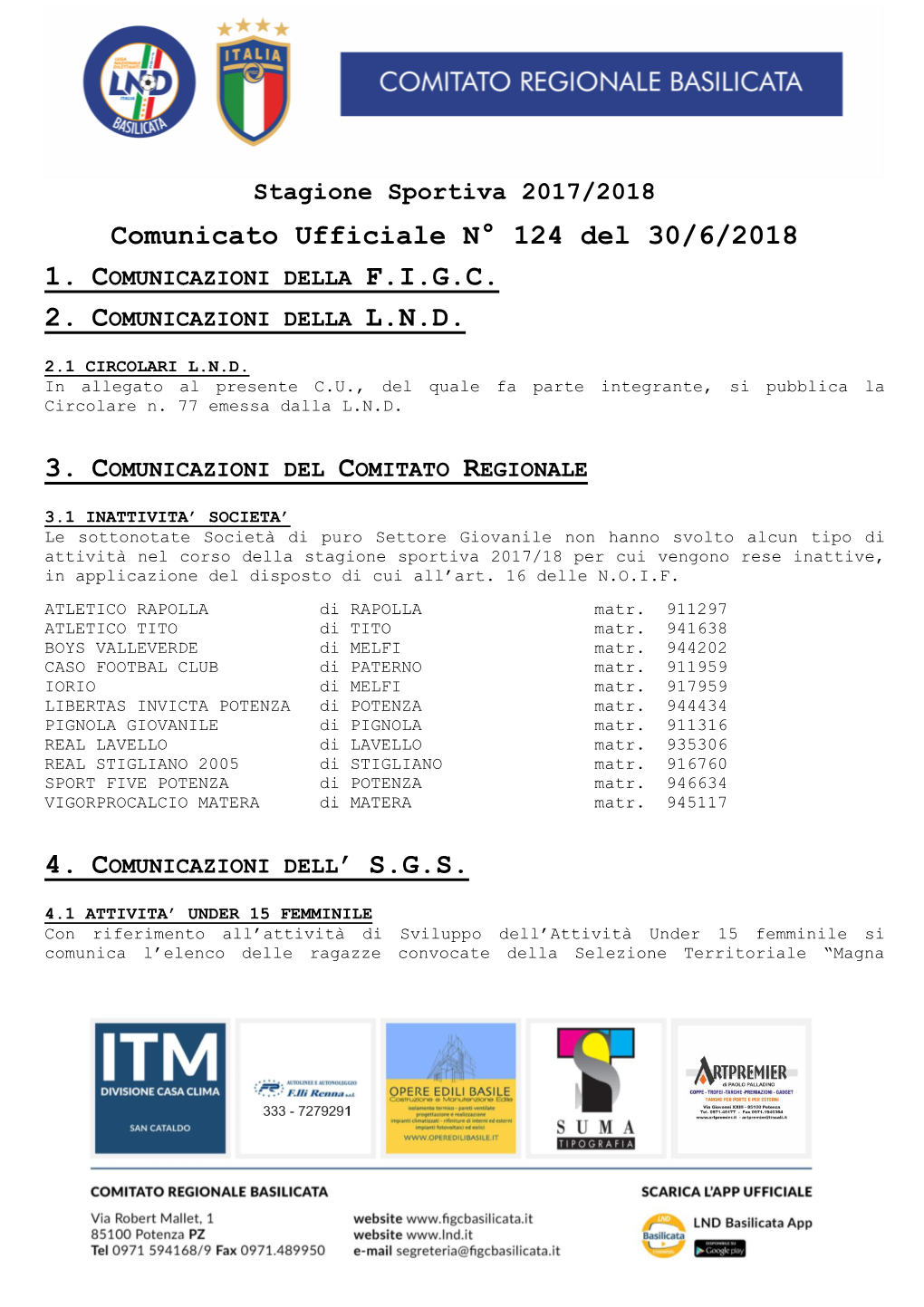 Comunicato Ufficiale N° 124 Del 30/6/2018 1