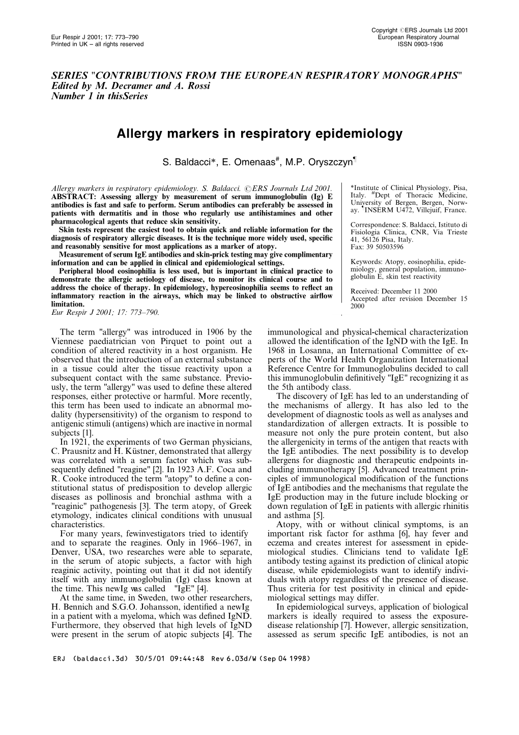 Allergy Markers in Respiratory Epidemiology