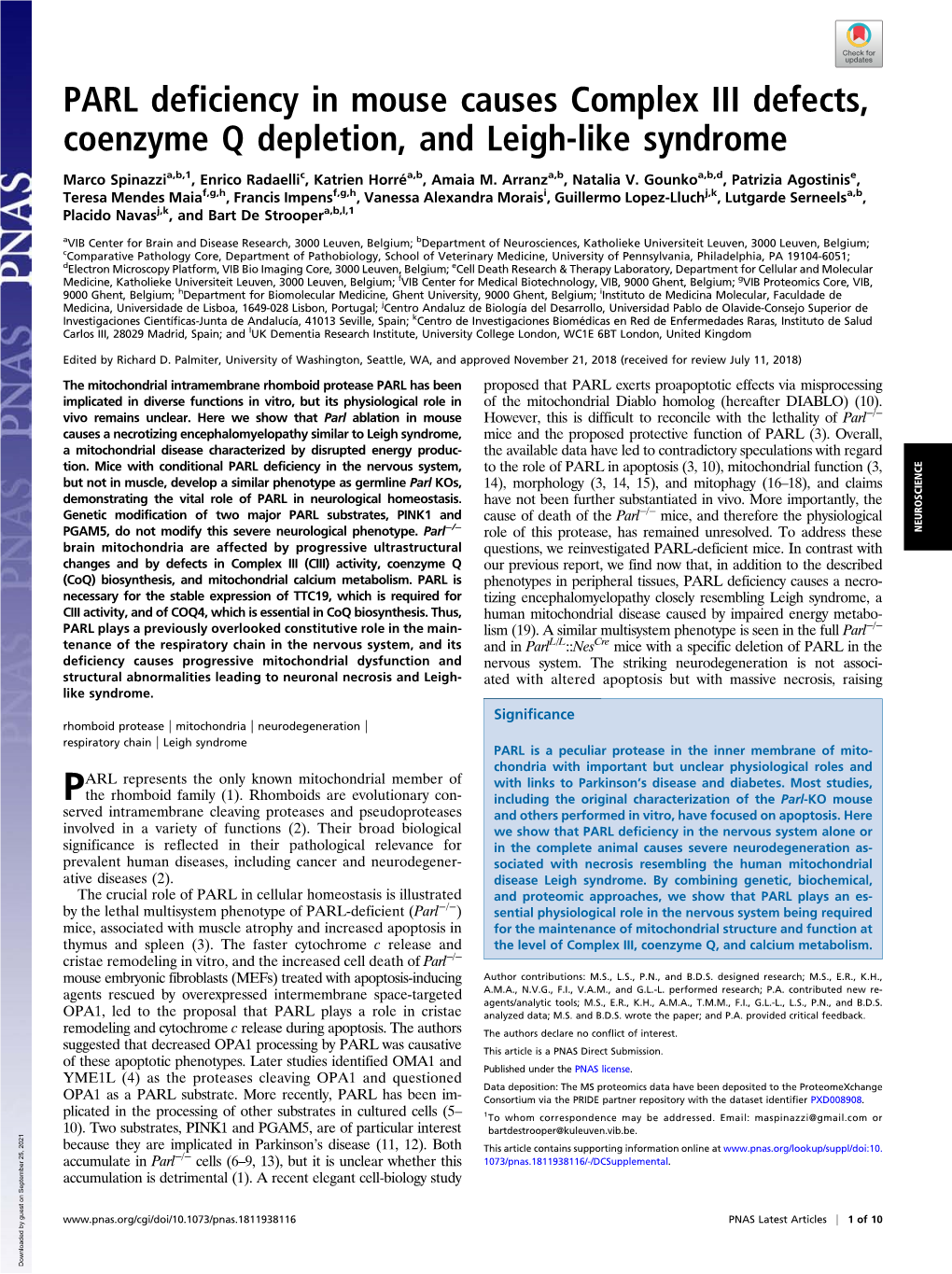 PARL Deficiency in Mouse Causes Complex III Defects, Coenzyme Q Depletion, and Leigh-Like Syndrome