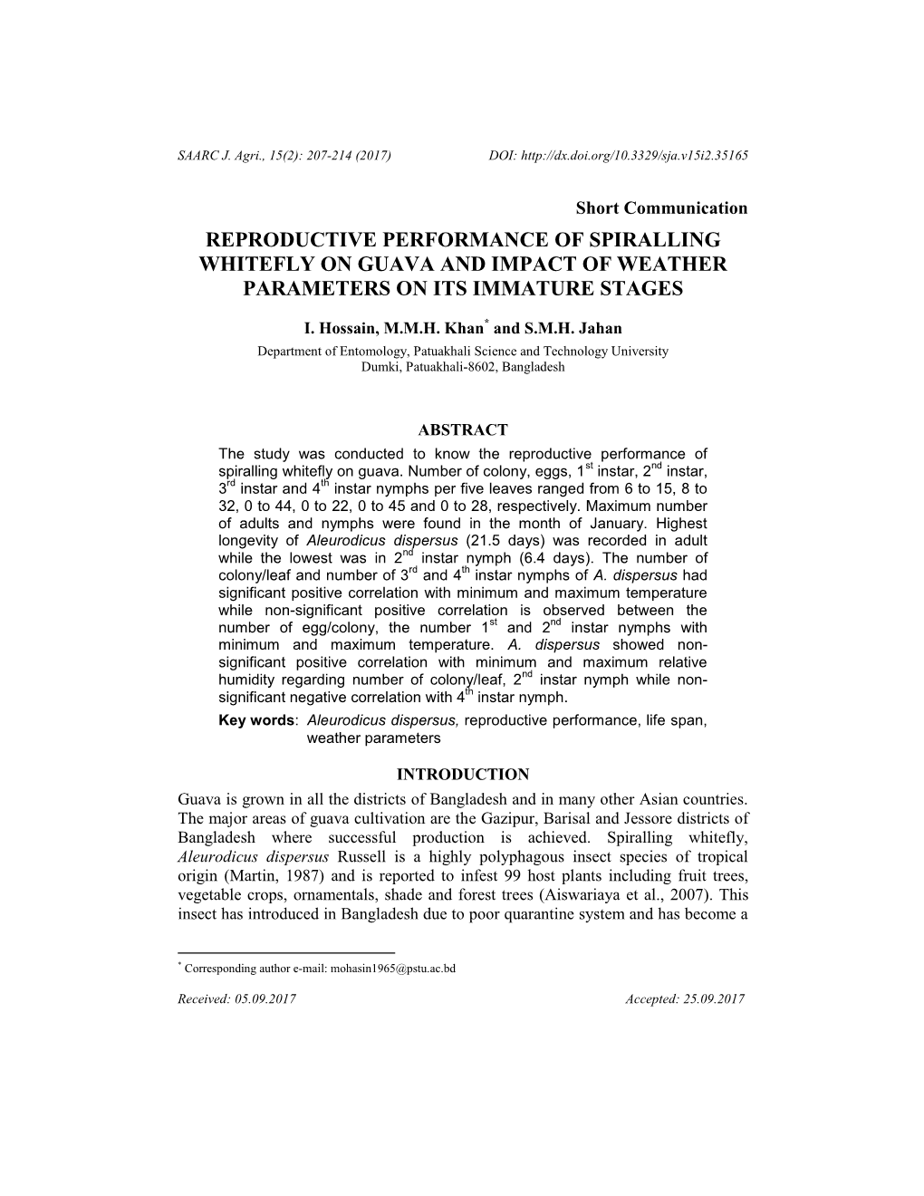 Reproductive Performance of Spiralling Whitefly on Guava and Impact of Weather Parameters on Its Immature Stages