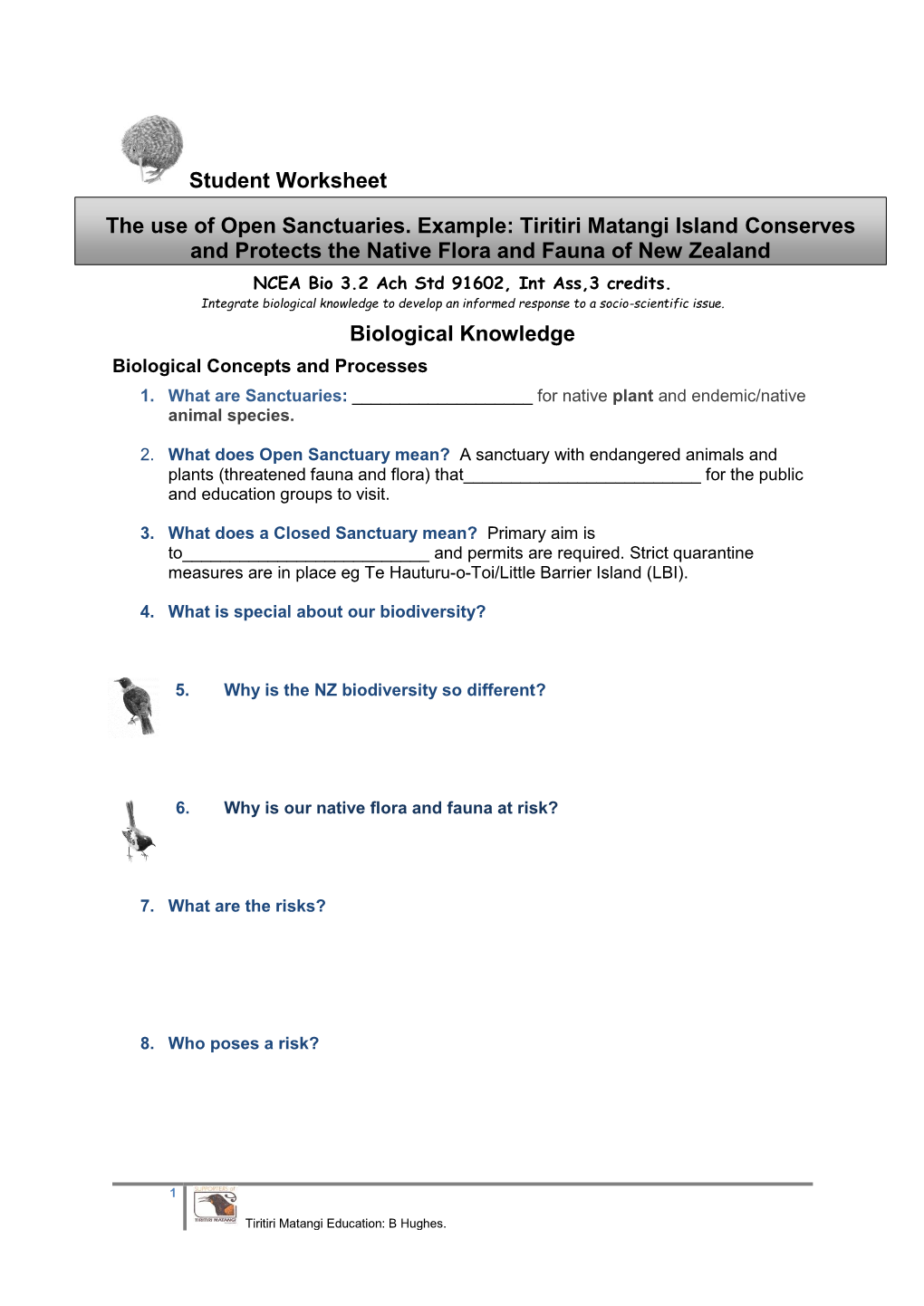 Student Worksheet Biological Knowledge The