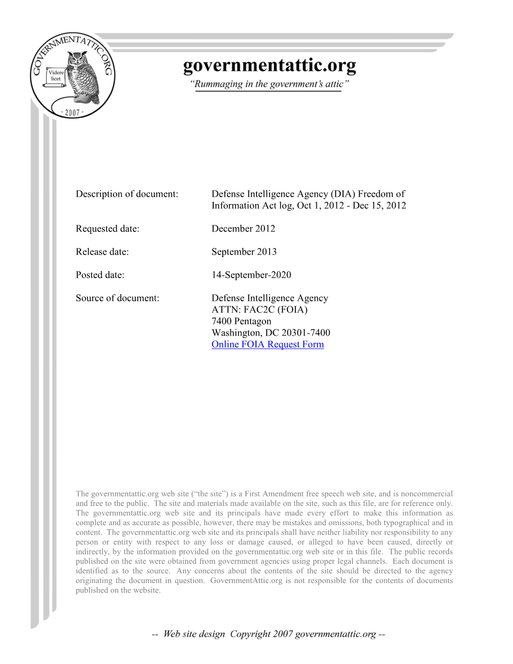 Defense Intelligence Agency (DIA) Freedom of Information Act Log, Oct 1, 2012 - Dec 15, 2012