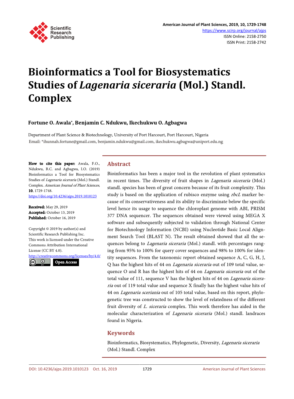Bioinformatics a Tool for Biosystematics Studies of Lagenaria Siceraria (Mol.) Standl