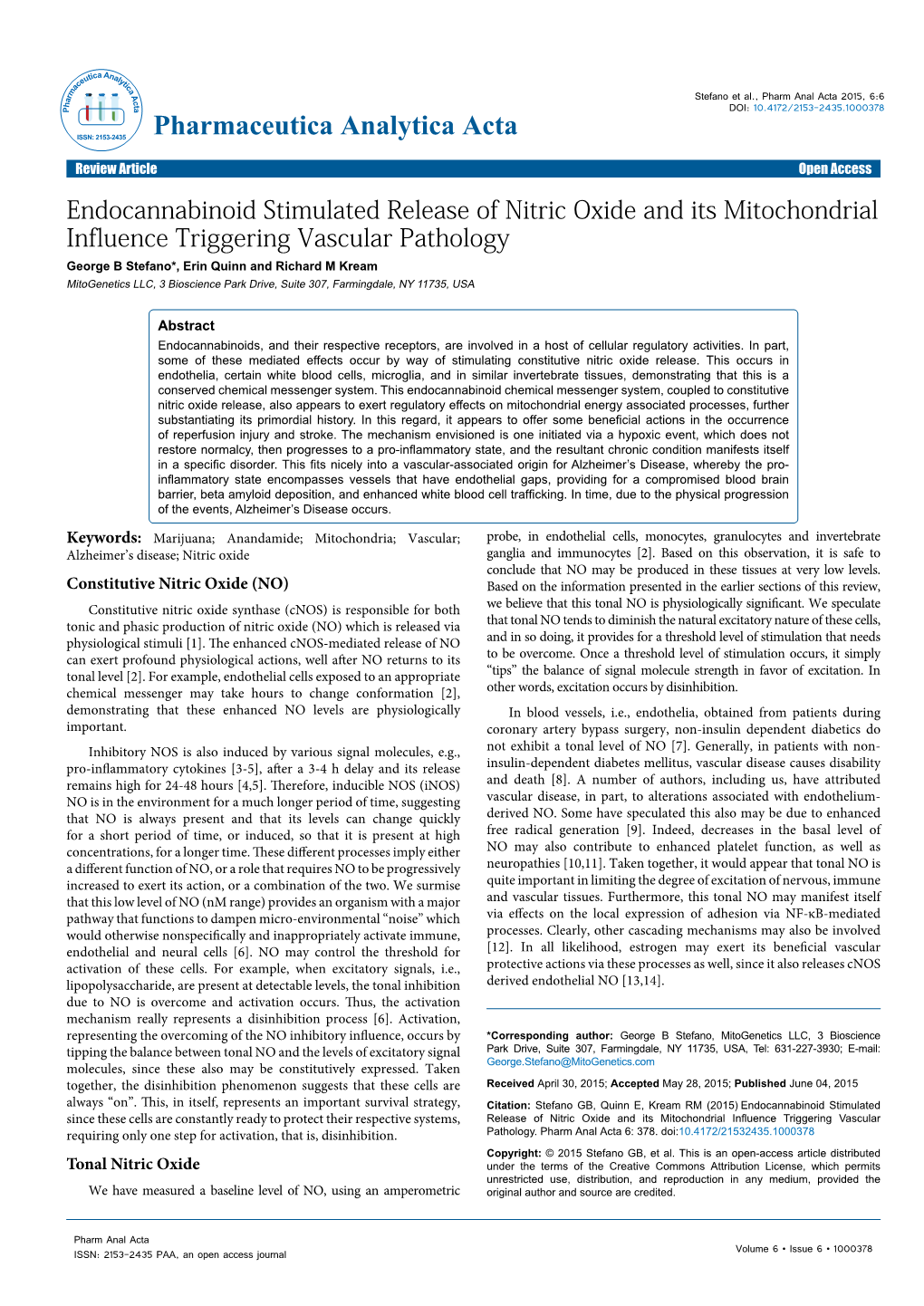 Endocannabinoid Stimulated Release of Nitric Oxide and Its Mitochondrial