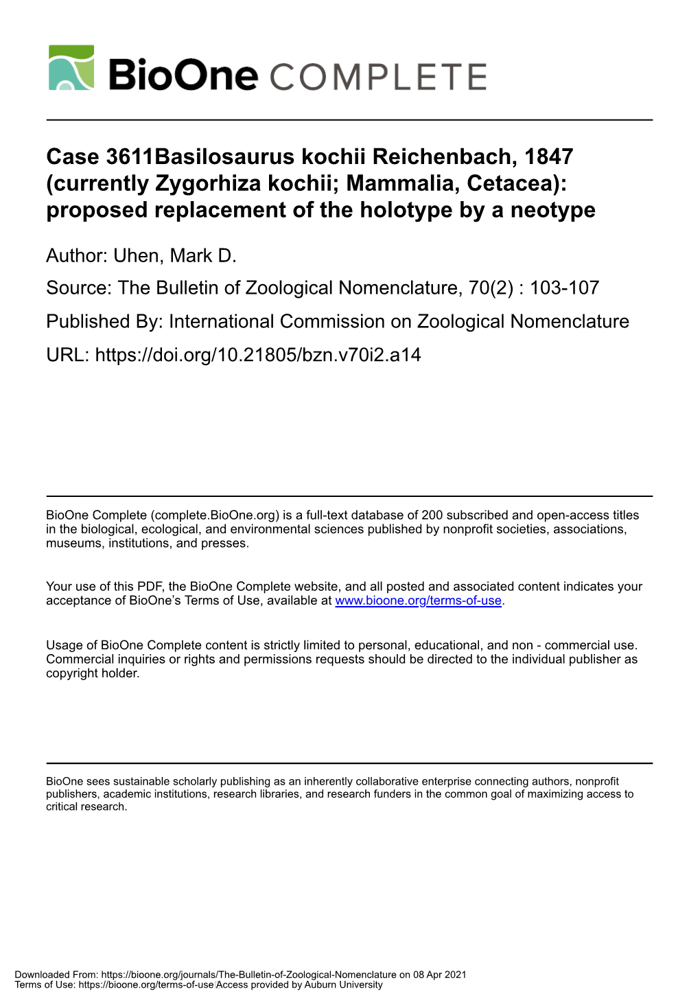 Currently Zygorhiza Kochii; Mammalia, Cetacea): Proposed Replacement of the Holotype by a Neotype