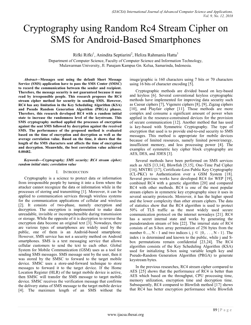 Cryptography Using Random Rc4 Stream Cipher on SMS for Android-Based Smartphones