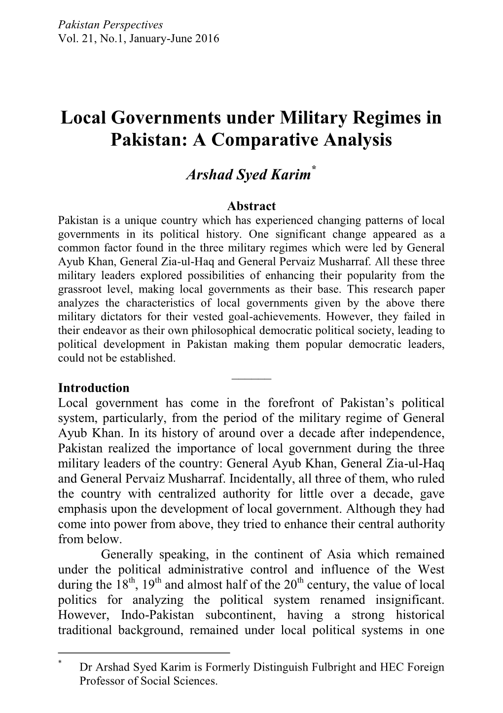 Local Governments Under Military Regimes in Pakistan: a Comparative Analysis