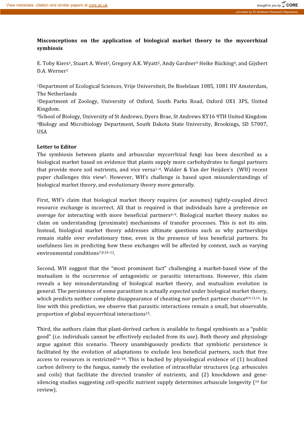 Misconceptions on the Application of Biological Market Theory to the Mycorrhizal Symbiosis