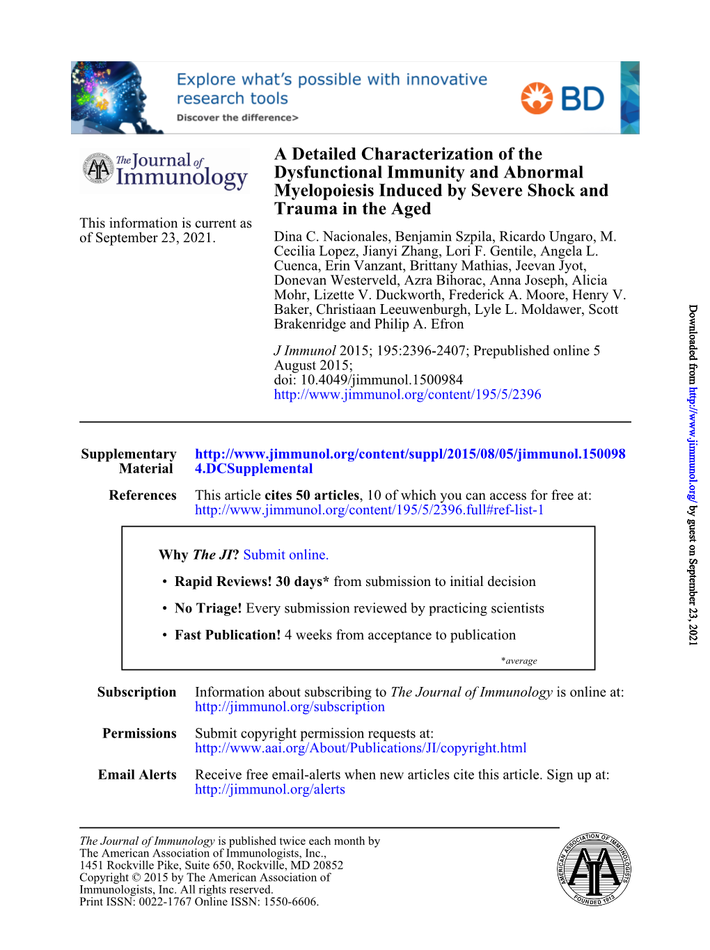 Trauma in the Aged Myelopoiesis Induced by Severe Shock And