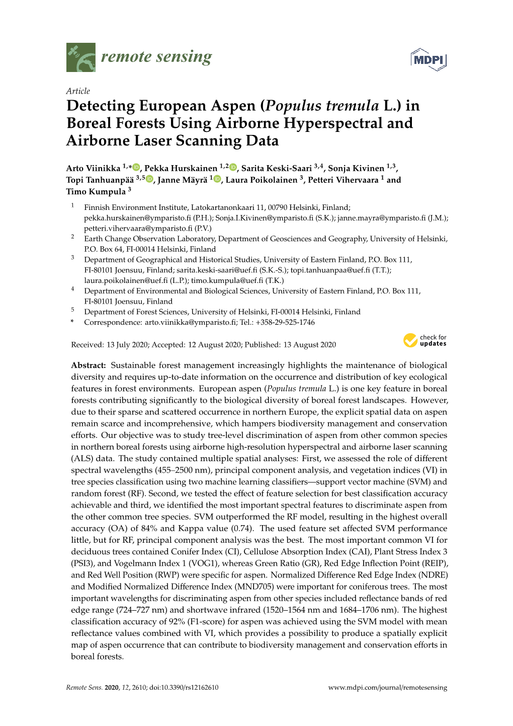 Detecting European Aspen (Populus Tremula L.) in Boreal Forests Using Airborne Hyperspectral and Airborne Laser Scanning Data