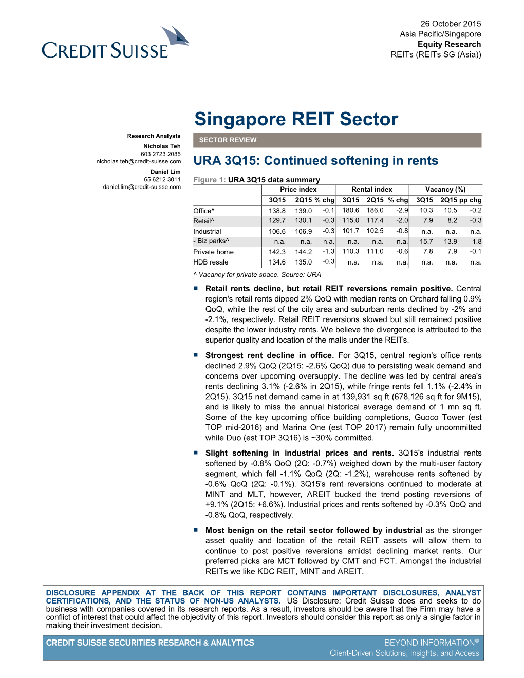Singapore REIT Sector Research Analysts SECTOR REVIEW