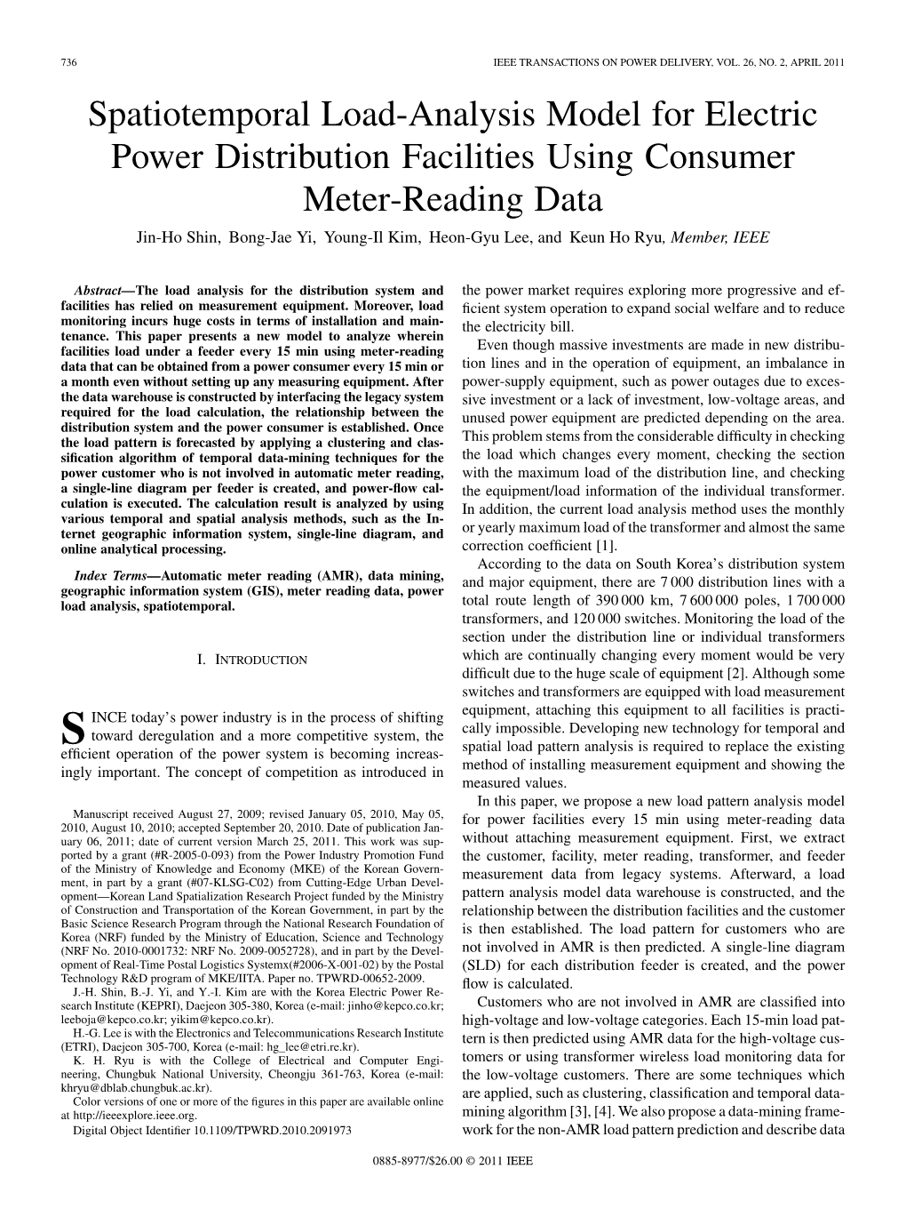 Spatiotemporal Load-Analysis Model for Electric Power Distribution Facilities Using Consumer Meter-Reading Data