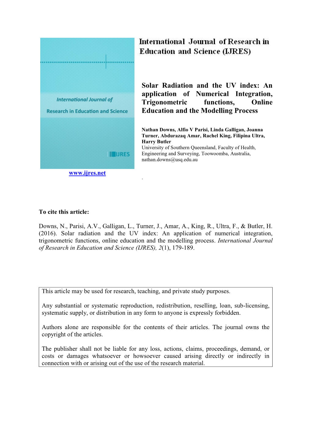 Solar Radiation and the UV Index: an Application of Numerical Integration, Trigonometric Functions, Online Education and the Modelling Process