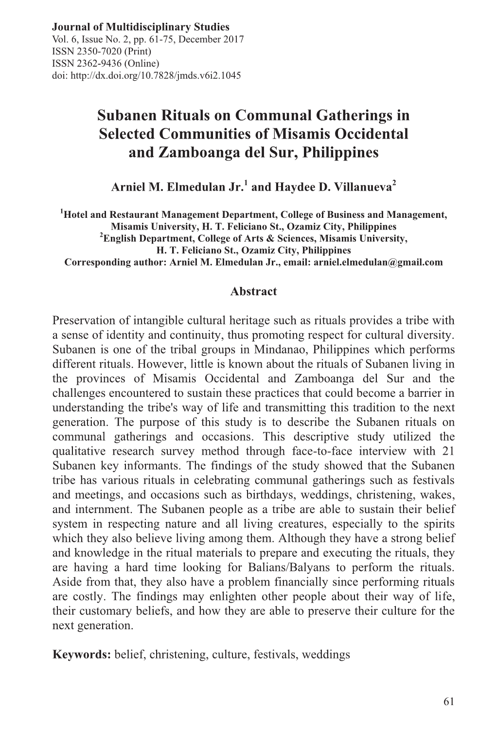 Subanen Rituals on Communal Gatherings in Selected Communities of Misamis Occidental and Zamboanga Del Sur, Philippines