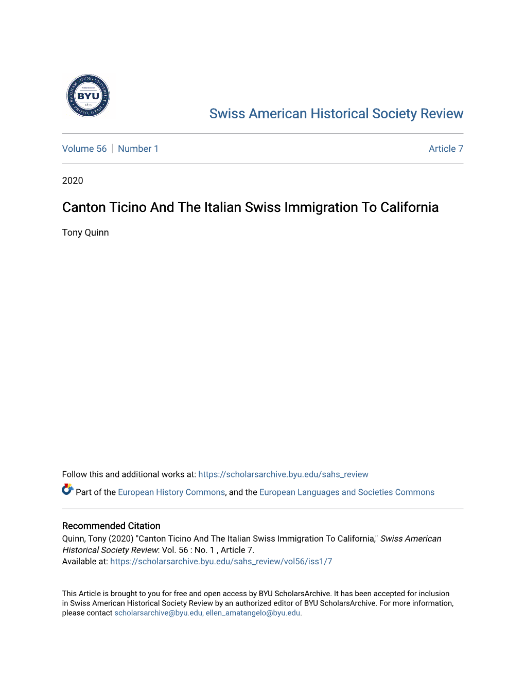 Canton Ticino and the Italian Swiss Immigration to California