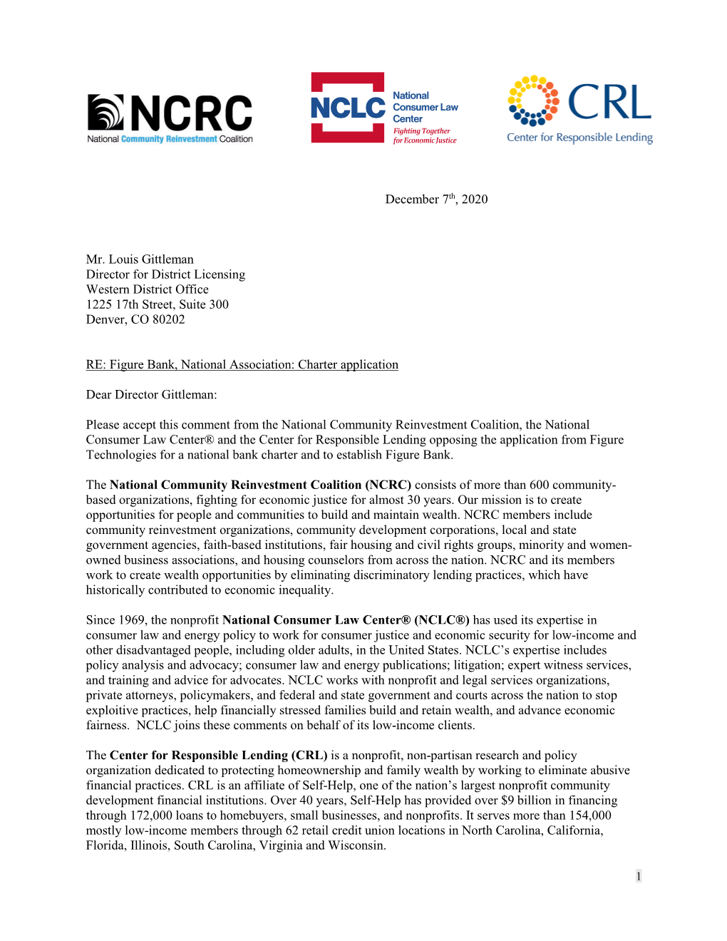 NCLC, NCRC, and CRL Comments to the OCC Opposing Application Of