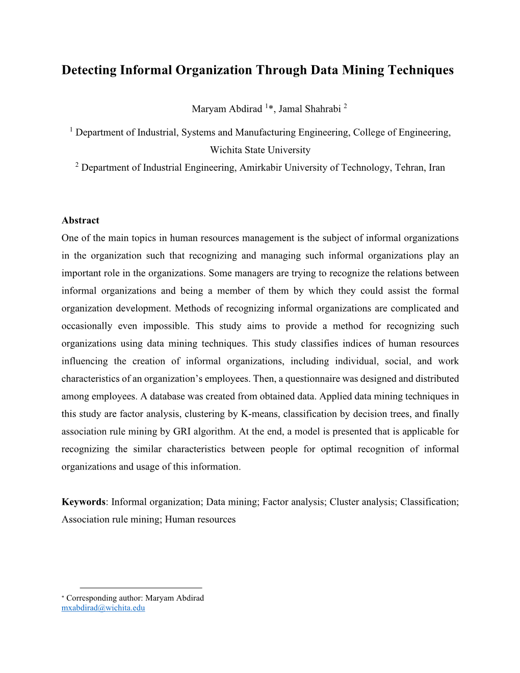 Detecting Informal Organization Through Data Mining Techniques