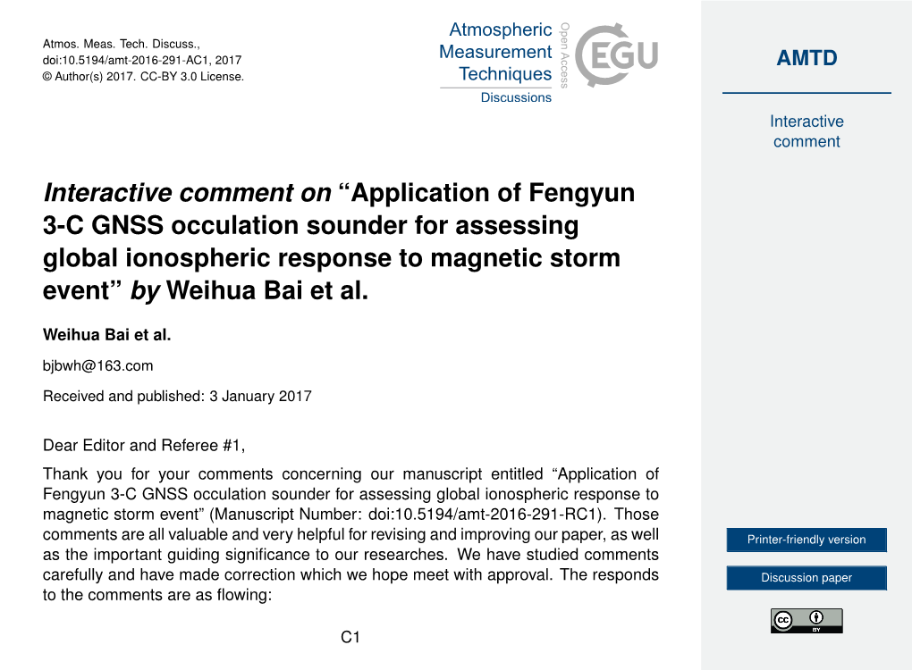 Application of Fengyun 3-C GNSS Occulation Sounder for Assessing Global Ionospheric Response to Magnetic Storm Event” by Weihua Bai Et Al