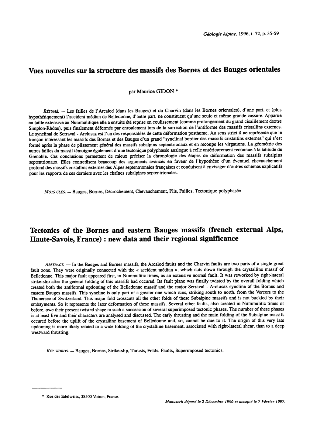 Vues Nouvelles Sur La Structure Des Massifs Des Bornes Et Des Bauges Orientales