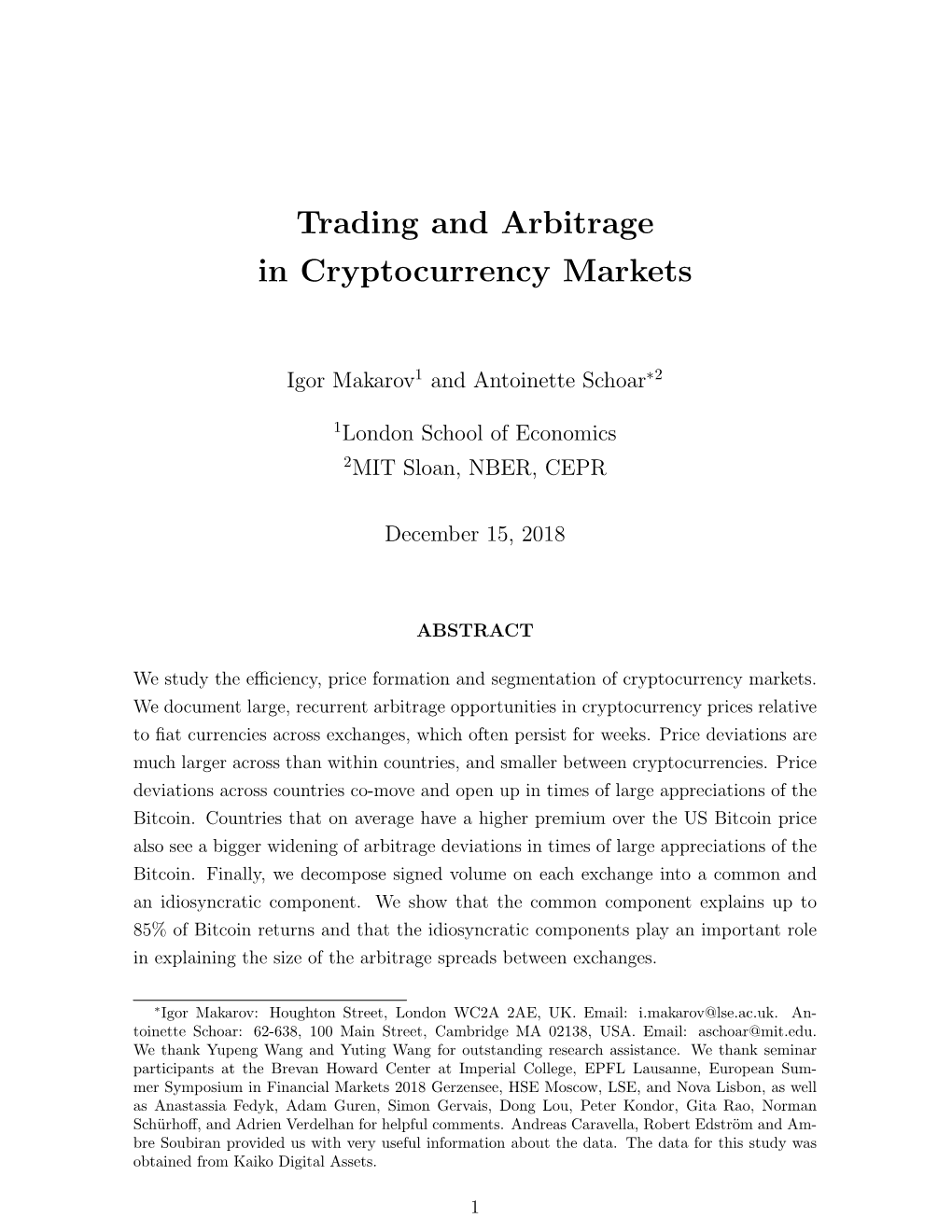 Trading and Arbitrage in Cryptocurrency Markets