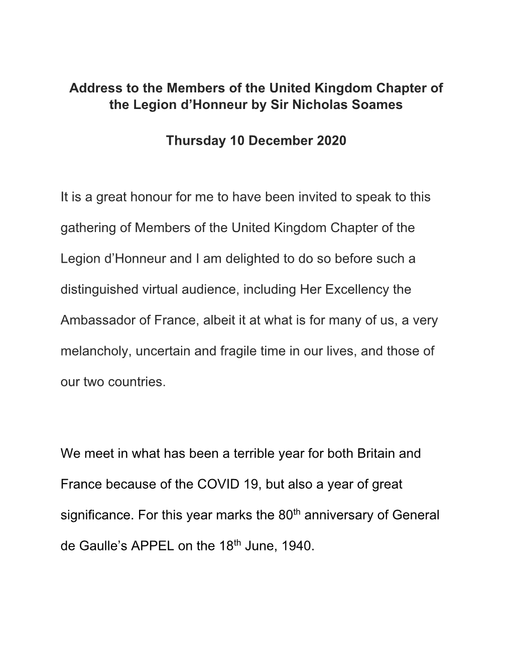 Address to the Members of the United Kingdom Chapter of the Legion D’Honneur by Sir Nicholas Soames