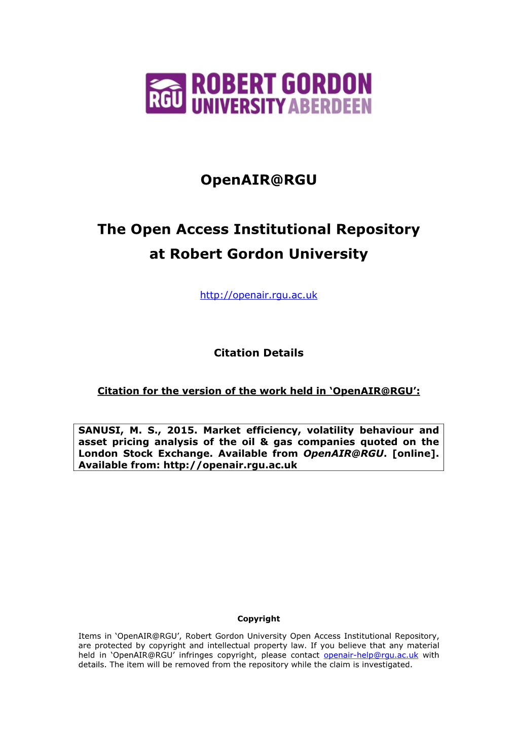 Openair@RGU the Open Access Institutional Repository at Robert Gordon University