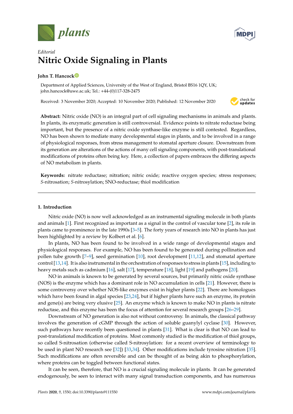 Nitric Oxide Signaling in Plants