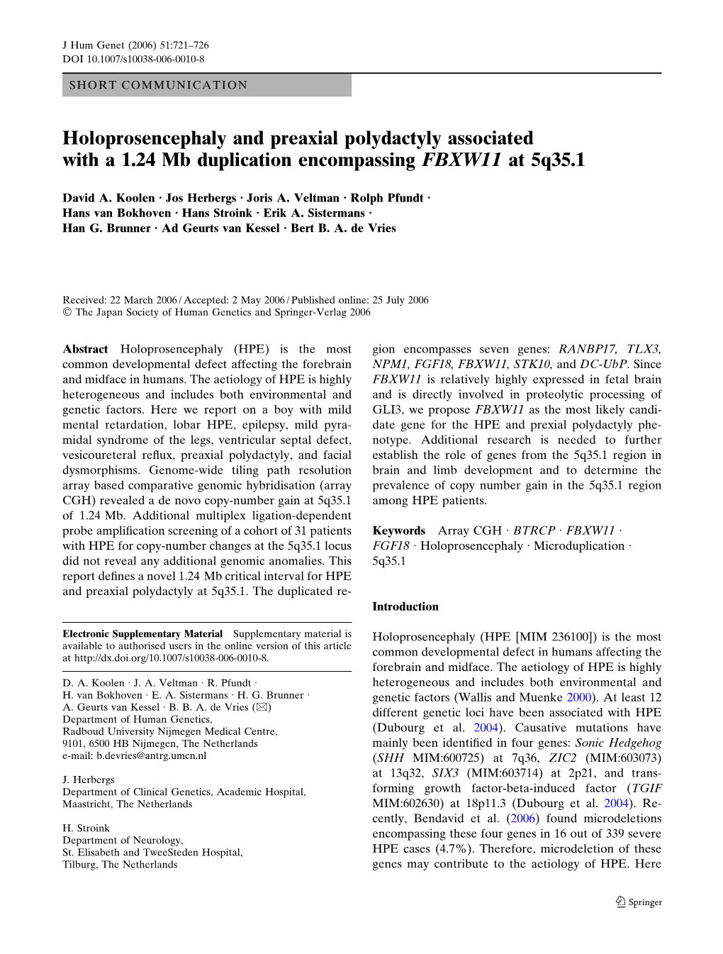 Holoprosencephaly and Preaxial Polydactyly Associated with a 1.24 Mb Duplication Encompassing FBXW11 at 5Q35.1