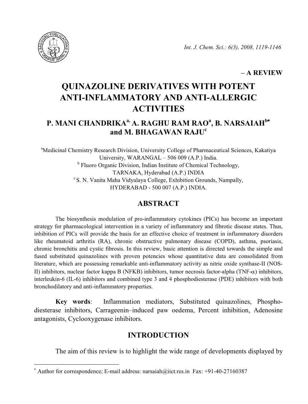 QUINAZOLINE DERIVATIVES with POTENT ANTI-INFLAMMATORY and ANTI-ALLERGIC ACTIVITIES A, a B∗∗∗ P