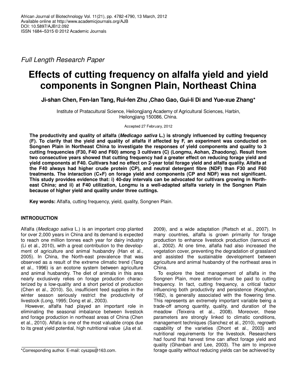 Effects of Cutting Frequency on Alfalfa Yield and Yield Components in Songnen Plain, Northeast China