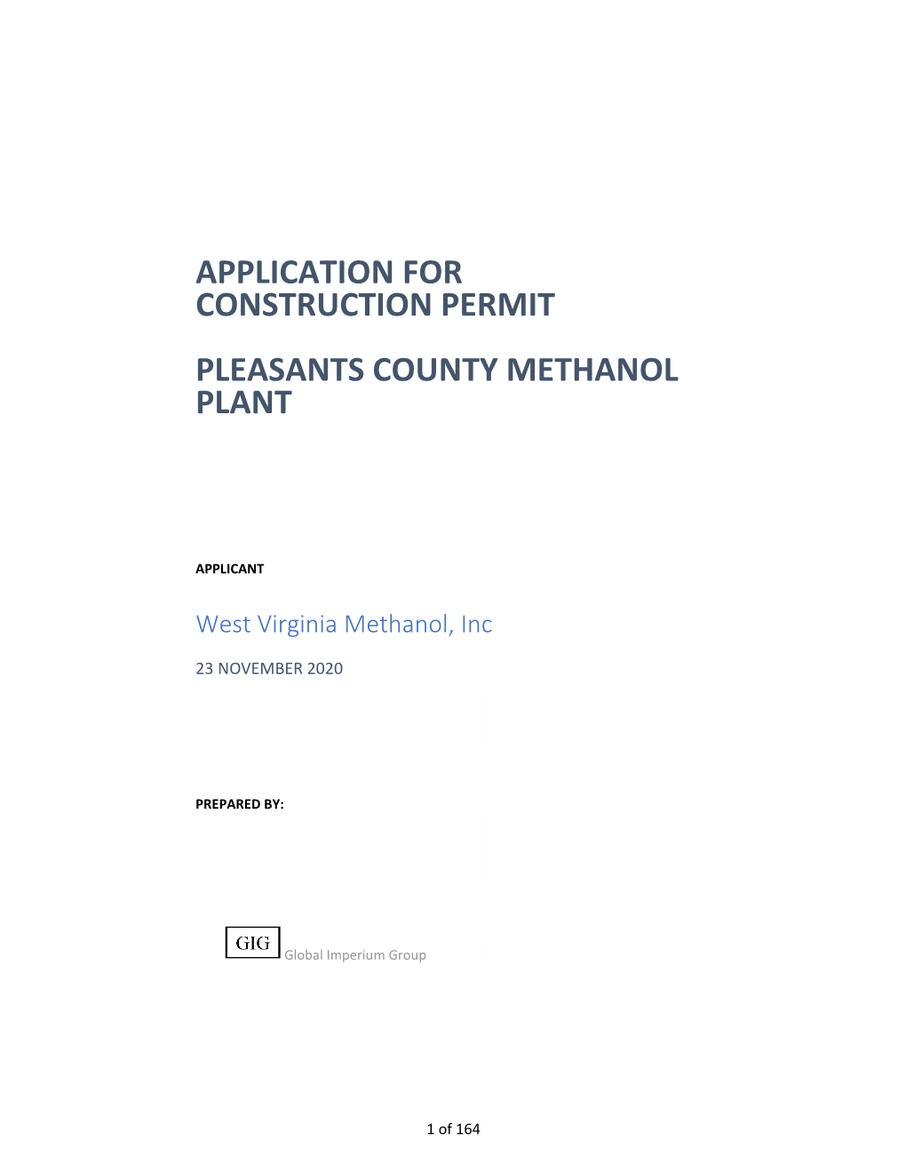 Application for Construction Permit Pleasants County Methanol Plant