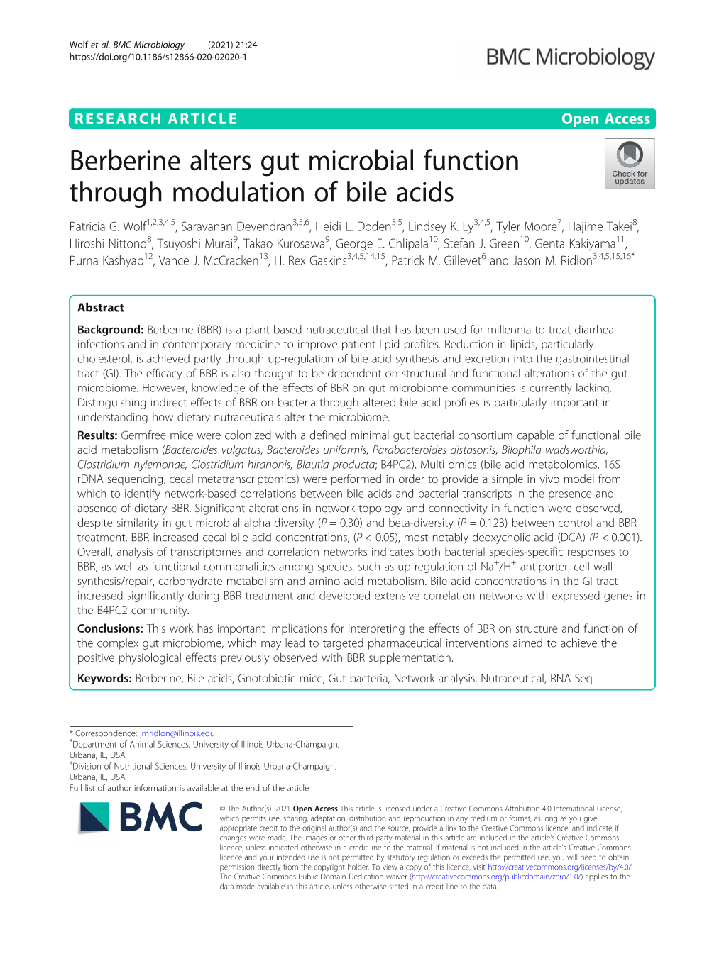 Berberine Alters Gut Microbial Function Through Modulation of Bile Acids Patricia G