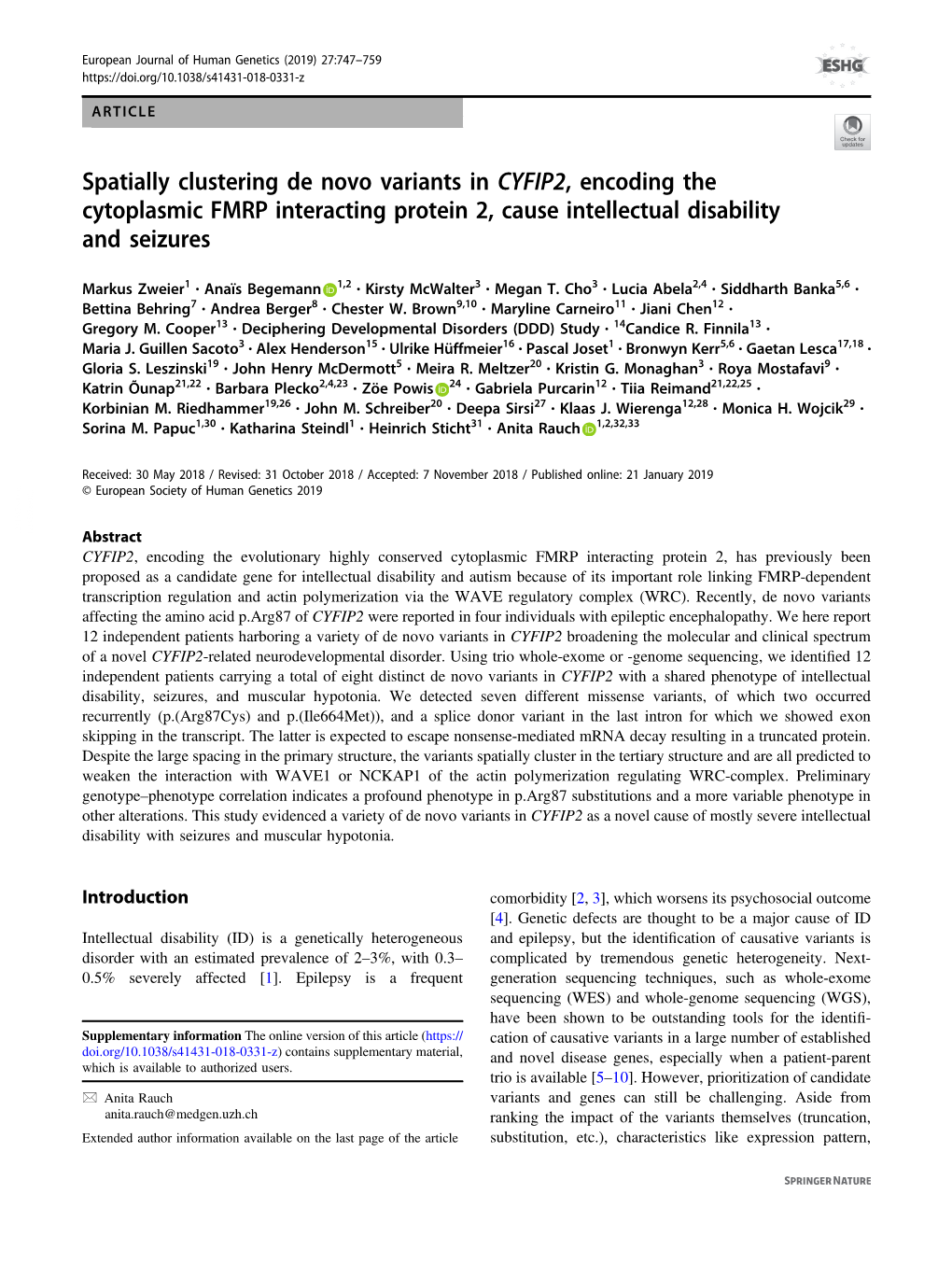 Spatially Clustering De Novo Variants in CYFIP2, Encoding the Cytoplasmic FMRP Interacting Protein 2, Cause Intellectual Disability and Seizures