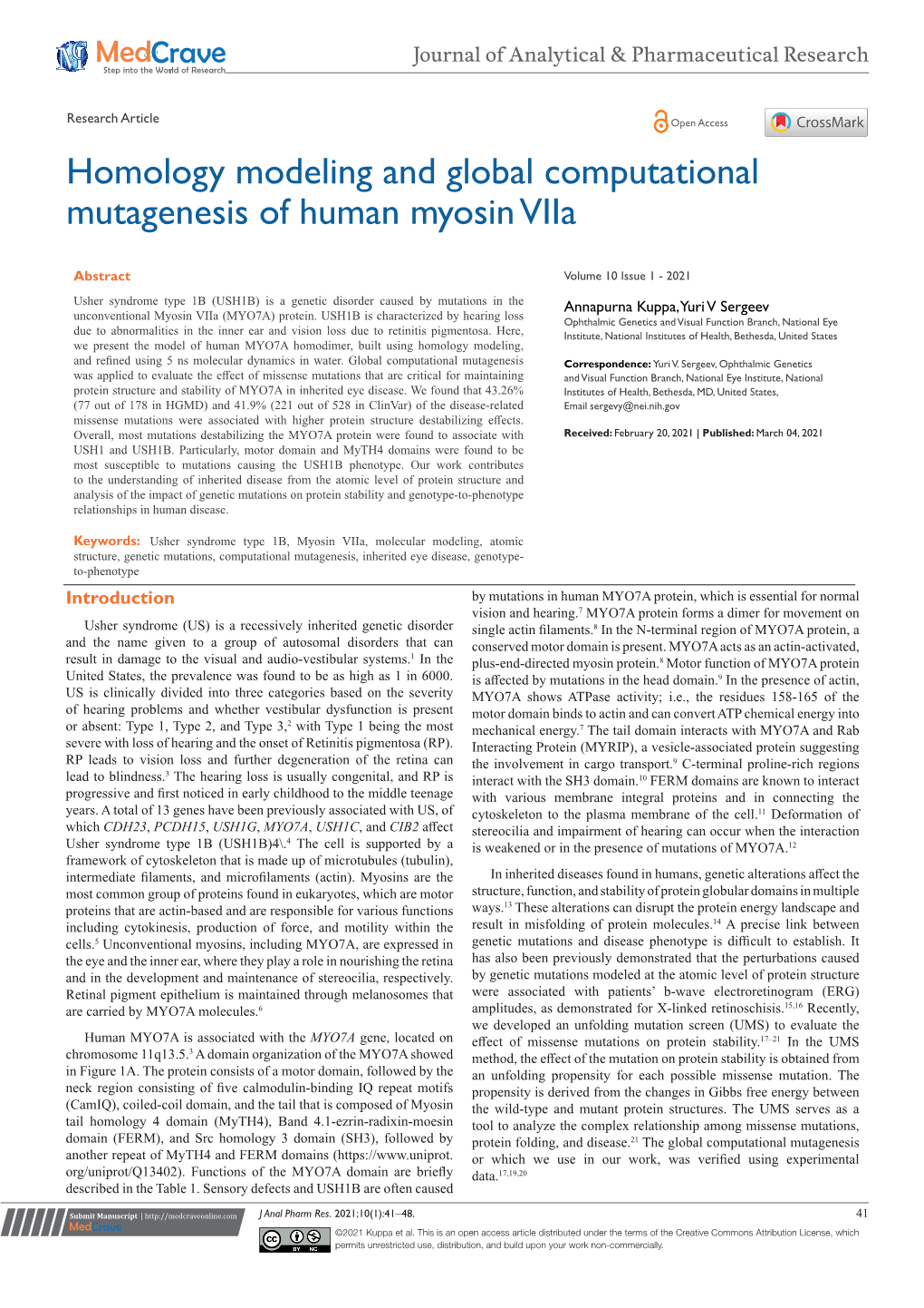 Homology Modeling and Global Computational Mutagenesis of Human Myosin Viia