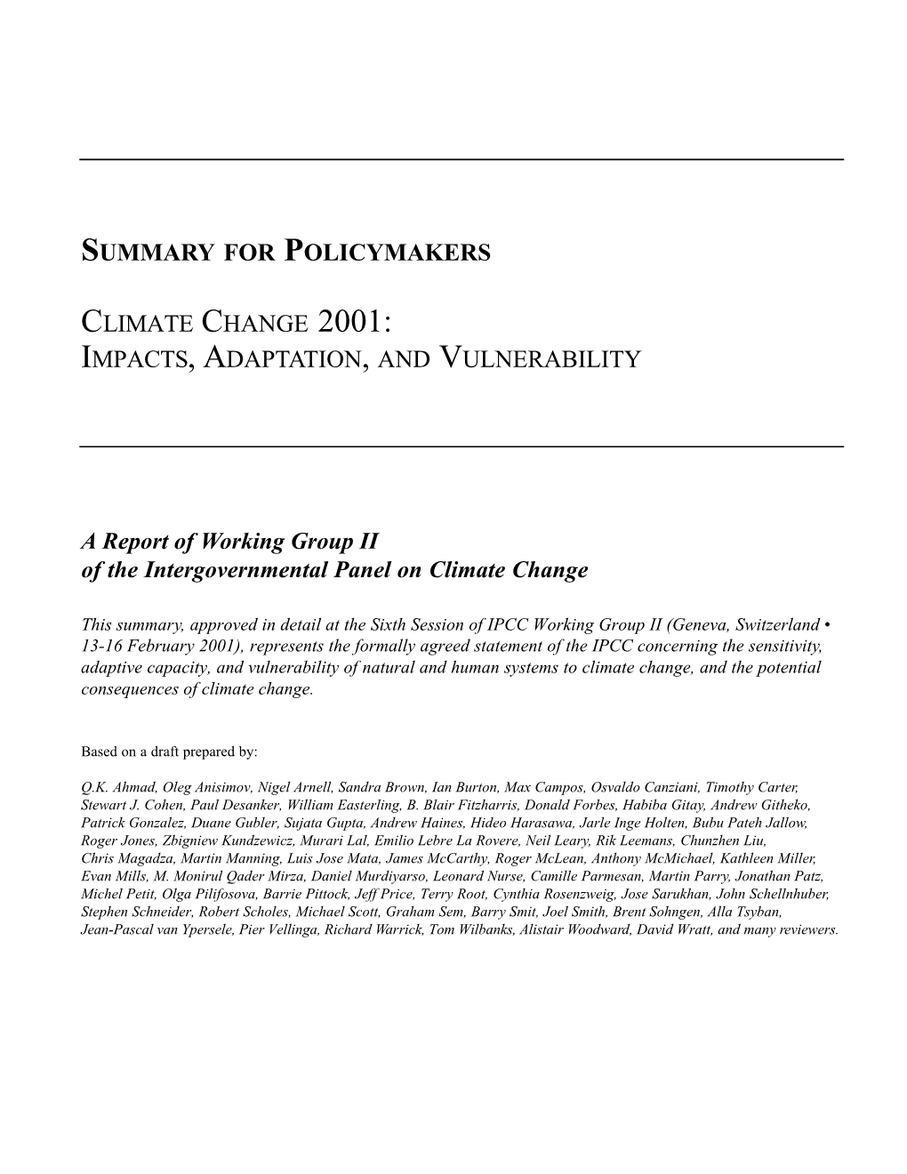 Summary for Policymakers Climate Change 2001