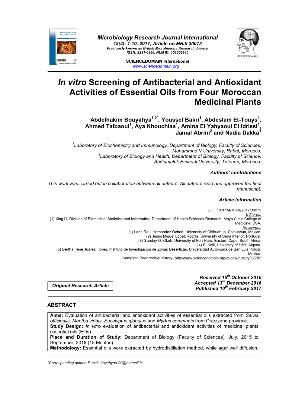 In Vitro Screening of Antibacterial and Antioxidant Activities of Essential Oils from Four Moroccan Medicinal Plants