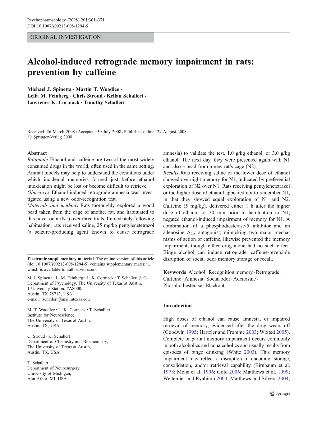 Alcohol-Induced Retrograde Memory Impairment in Rats: Prevention by Caffeine