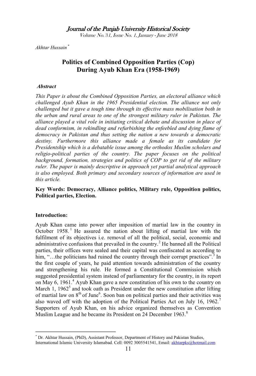 Politics of Combined Opposition Parties (Cop) During Ayub Khan Era (1958-1969)