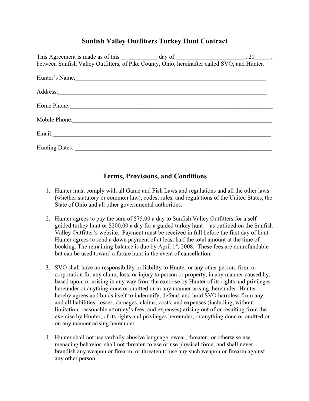 Sunfish Valley Outfitters Overflow Acre Hunt Membership Contract