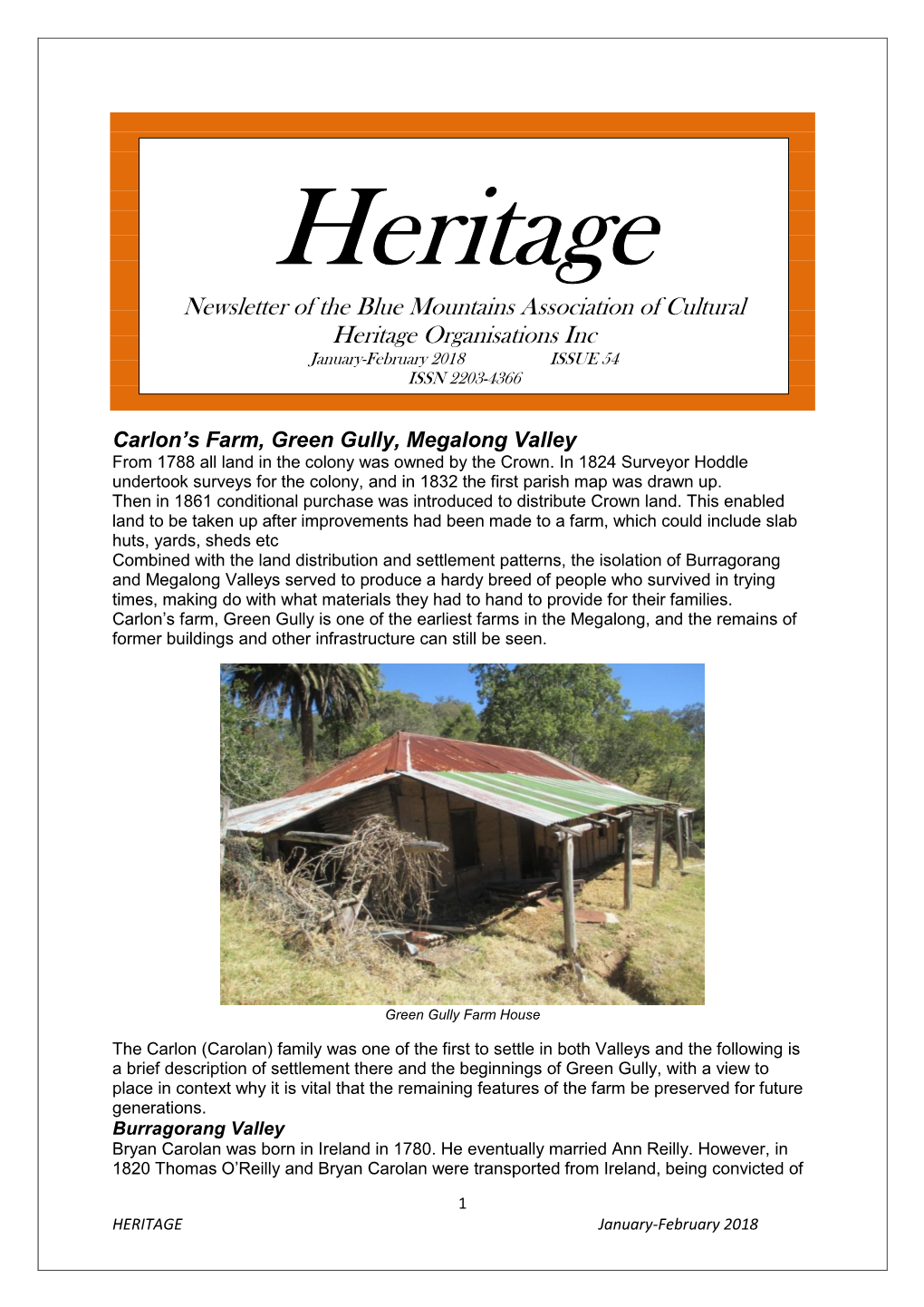 Newsletter of the Blue Mountains Association of Cultural Heritage Organisations Inc January-February 2018 ISSUE 54 ISSN 2203-4366