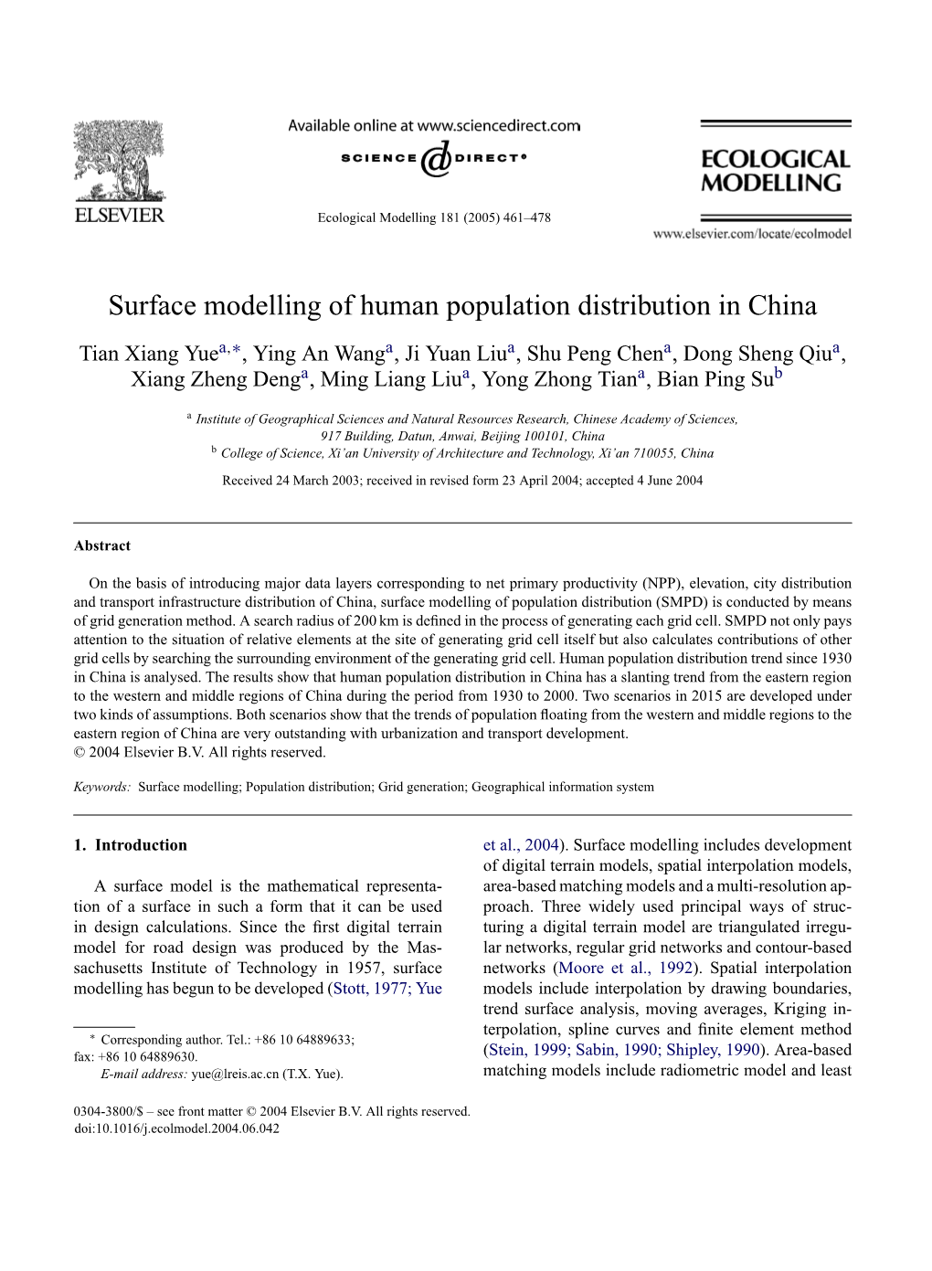 Surface Modelling of Human Population Distribution in China