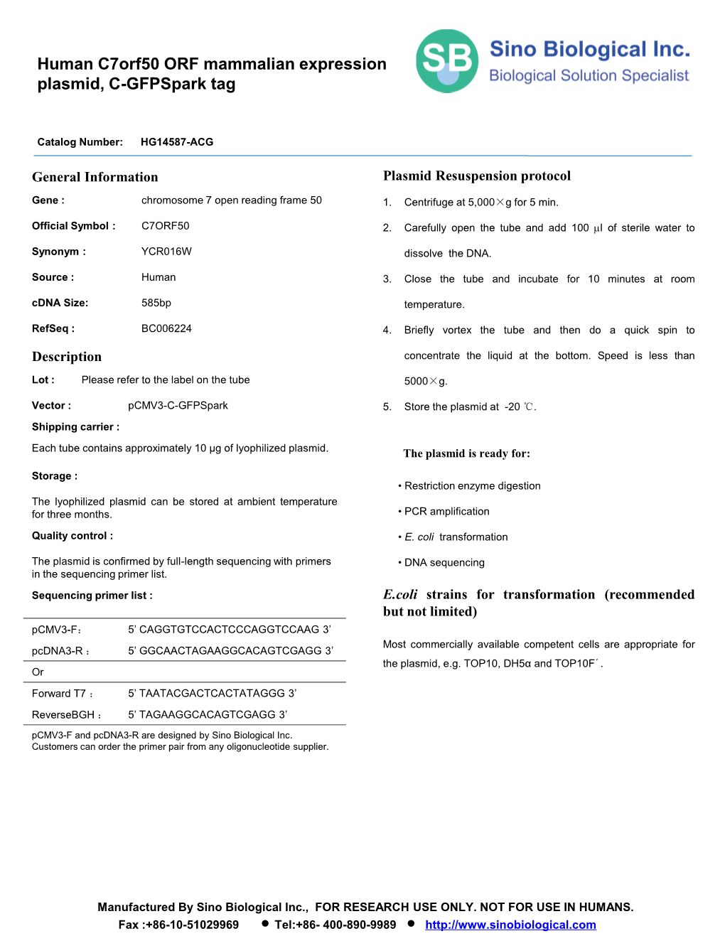 Human C7orf50 ORF Mammalian Expression Plasmid, C-Gfpspark Tag