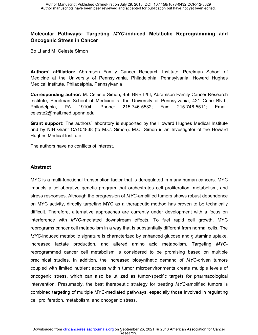 Targeting MYC-Induced Metabolic Reprogramming and Oncogenic Stress in Cancer