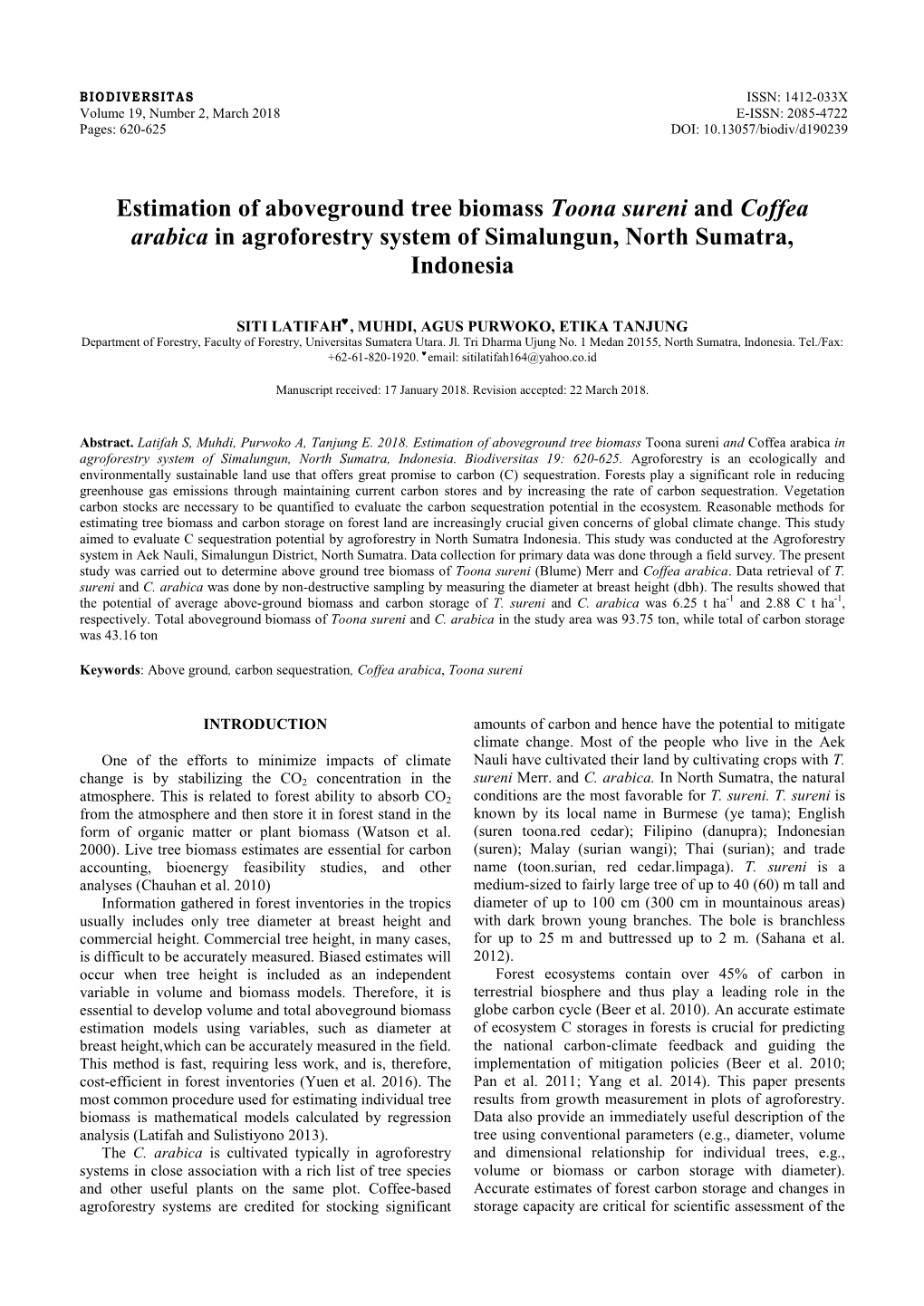 Estimation of Aboveground Tree Biomass Toona Sureni and Coffea Arabica in Agroforestry System of Simalungun, North Sumatra, Indonesia